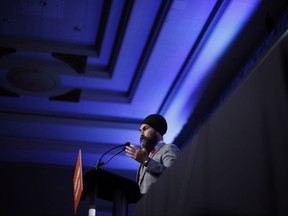 Federal NDP Leader Jagmeet Singh speaks to delegates and supporters during the B.C. NDP Convention at the Victoria Conference Centre in Victoria, B.C., on Saturday, November 4, 2017. THE CANADIAN PRESS/Chad Hipolito