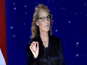 This Nov. 5, 2017 image taken from video, shows American actress Helen Hunt speaking during a government-organized youth conference in the Red Sea resort of Sharm el-Sheikh, Egypt. Egyptian activists have condemned Hunt for her participation in the conference that they say is whitewashing authorities' appalling human rights record and suppression of free speech. The open letter by Mona Seif and other well-known human rights advocates gained nearly 300 signatures by the afternoon of Tuesday, Nov. 7, 2017. Arabic reads, "Live, Sharm el Sheikh." (AP Photo /CAPITAL BROADCAST CENTER)