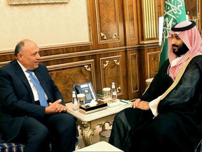 In this Tuesday, Nov. 14, 2017 file photo, released by the Saudi Press Agency, Saudi Crown Prince Mohammed bin Salman meets with Egyptian Foreign Minister Sameh Shoukry in Riyadh, Saudi Arabia. Egypt faces high expectations from Saudi Arabia and its other Gulf Arab benefactors that it will have their back as tensions rise with their rival Iran. But Egypt clearly has no desire to be dragged into a military conflict and that reluctance could lead to frictions between Cairo and Riyadh. (Saudi Press Agency via AP, File)