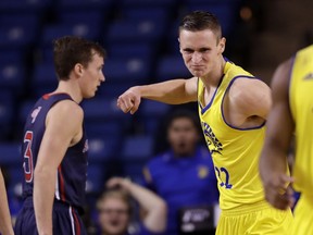 San Jose State forward Ryan Welage, right, celebrates after scoring against Saint Mary's during the first half of an NCAA college basketball game Sunday, Nov. 19, 2017, in San Jose, Calif. (AP Photo/Marcio Jose Sanchez)