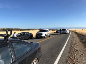 Traffic backs up outside Rancho Tehama, Calif., after multiple people were killed in a shooting Tuesday, Nov. 14, 2017. (Jim Schultz/The Record Searchlight via AP)