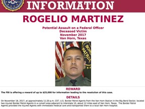 This image distributed by the FBI on  Tuesday, Nov. 21, 2017 in El Paso, Texas, shows a request for information in the death of U.S. Customs and Border Protection Agent Rogelio Martinez who succumbed to traumatic head injuries and broken bones suffered while on duty. Martinez died Sunday, Nov. 19, 2017 and his partner, whose name has not been released, was seriously injured. They were found late Saturday in a culvert near Van Horn, Texas, about 30 miles from the border with Mexico. (FBI via AP)