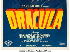 This undated photo provided by Heritage Auctions shows a rare poster for the 1931 horror film "Dracula" that has sold for $525,800. Dallas-based Heritage Auctions said the sale Saturday, Nov. 18, 2017, appears be the highest amount a movie poster has garnered at auction. Heritage says the poster, which features the image of actor Bela Lugosi as Dracula, is one of only two known surviving of that particular version. (Photo Courtesy Heritage Auctions via AP)
