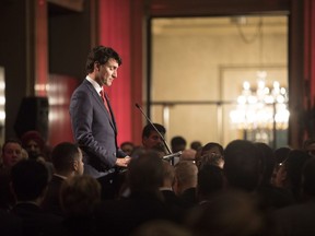 Prime Minister Justin Trudeau addresses the Laurier Club donor appreciation dinner, a Liberal party fundraising event in Toronto on Thursday, November 2, 2017. THE CANADIAN PRESS/Chris Young