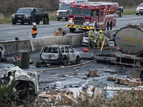 A fatal vehicle pileup north of Toronto that closed a stretch of highway in both directions south of Barrie, Ont. is shown on Wednesday, November 1, 2017. THE CANADIAN PRESS/Christopher Katsarov