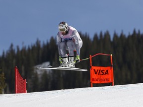 France's Adrien Theaux competes during a Men's World Cup downhill skiing training run Wednesday, Nov. 29, 2017, in Beaver Creek, Colo. (AP Photo/John Locher)