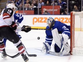 Toronto Maple Leafs'  goaltender Frederik Andersen goes low to thwart the scoring attempt of Christian Dvorak of the Arizona Coyotes during NHL action Monday night at the ACC. The Coyotes were 4-1 winners.