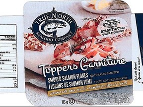 The packaging for Toppers Smoked Salmon Flakes seasoned with lemon and dill from True North Seafood Company is shown in this undated handout photo. A flaked salmon product produced by a New Brunswick firm has been recalled due to concerns over possible listeria.The Canadian Food Inspection Agency announced on its website Friday that True North Seafood Co.'s Toppers Smoked Salmon flakes seasoned with lemon and dill should be pulled from the shelves due to fears of contamination with the infectious bacteria. THE CANADIAN PRESS/HO - Canadian Food Inspection Agency