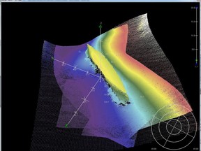 A multi-beam sonar image provided by the Canadian Hydrographic Service shows the hull of the Manolis L paper carrier. No fuel is visible in this image. The Canadian Coast Guard used this technology to pinpoint the location of the sunken vessel to deploy a Remote Operated Vehicle (ROV) that confirmed a small fuel leak from the vessel's hull. THE CANADIAN PRESS/HO-Canadian Hydrographic Service
