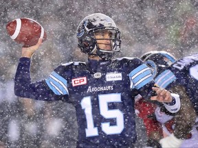 Toronto Argonauts quarterback Ricky Ray (15) passes against the Calgary Stampeders during first half CFL football action in the Grey Cup Sunday November 26, 2017 in Ottawa. Argonauts general manager Jim Popp says Ricky Ray isn't finished playing football. THE CANADIAN PRESS/Paul Chiasson