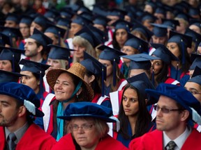 A Simon Fraser University student wears a First Nations Coast Salish woven cedar hat as she and other students wait to receive their degrees during the fall convocation ceremony at the university in Burnaby, B.C., on Friday October 11, 2013. Canadians are putting in more effort in the classroom, additional time on the job and extra teeth-gnashing minutes on the road getting to and from work, Statistics Canada says in the latest - and last - batch of numbers from the 2016 census.THE CANADIAN PRESS/Darryl Dyck