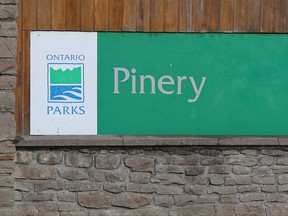 Pinery Provincial Park sign is seen near Grand Bend, Ont. on Friday, Nov. 10, 2017. A southwestern Ontario provincial park closed earlier this month due to what police said was a demonstration related to a land claim has partially reopened to the public.THE CANADIAN PRESS/Dave Chidley