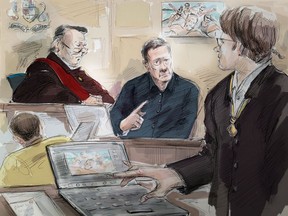 Mark Smich (left to right), Justice Michael Code, Dr. Robert Burns and Dellen Millard are shown in an artist's sketch at the Laura Babcock murder trial in Toronto, Thursday, Nov.16, 2017. THE CANADIAN PRESS/Alexandra Newbould