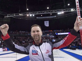 Canada skip Brad Gushue celebrates his gold medal win over Sweden at the Men's World Curling Championships in Edmonton, Sunday, April 9, 2017. Gushue has seen some curling teams fold under pressure at Olympic qualification events and watched others rise to the occasion.THE CANADIAN PRESS/Jonathan Hayward