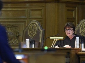 State Supreme Court Senior Justice Christine S. Vertefeuille questions attorney Josh Koskoff on arguments on whether gun maker Remington Arms should be held liable for the 2012 Newtown school massacre, in Hartford, Conn., Tuesday, Nov. 14, 2017.   A survivor and relatives of nine people killed in the shooting are trying to sue the North Carolina company that made the AR-15-style rifle used to kill 20 first-graders and six educators at Sandy Hook Elementary School. A lower court dismissed the lawsuit.  (Cloe Poisson/The Courant via AP, Pool)