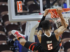 Texas Tech's guard Justin Gray (5) dunks late in the second half of an NCAA college basketball game against Boston College Saturday, Nov. 18, 2017, in Uncasville, Conn. Texas Tech won, 75-64. (AP Photo/Stephen Dunn)