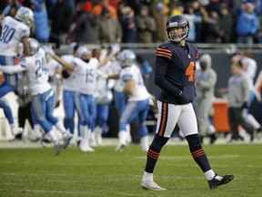 Chicago Bears kicker Connor Barth (4) reacts after missing the field goal during the second half of an NFL football game against the Detroit Lions, Sunday, Nov. 19, 2017, in Chicago. (AP Photo/Nam Y. Huh)