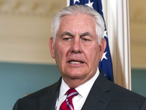 Secretary of State Rex Tillerson answers a reporters question about North Korea while he meets with German Foreign Minister Sigmar Gabriel, left, at the State Department in Washington, Thursday, Nov. 30, 2017. The White House is discussing a plan to replace Secretary of State Rex Tillerson with CIA director Mike Pompeo, according to an administration official, who sought anonymity to discuss internal thinking.  (AP Photo/Cliff Owen)