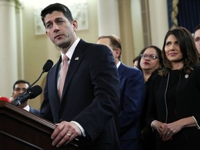 House Speaker Paul Ryan of Wis., left, speaks next to Rep. Kristi Noem, R-S.D., during a news conference announcing GOP tax legislation, Thursday, Nov. 2, 2017, on Capitol Hill in Washington. (AP Photo/Jacquelyn Martin)