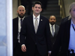 House Speaker Paul Ryan of Wis., arrives for a meeting with House Republicans and President Donald Trump, Thursday, Nov. 16, 2017, on Capitol Hill in Washington. Trump urged House Republicans Thursday to approve a near $1.5 trillion tax overhaul as the party prepared to drive the measure through the House.  (AP Photo/Jacquelyn Martin)