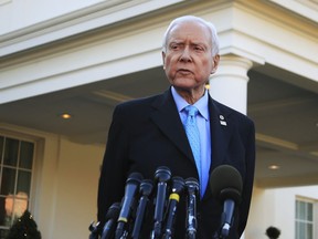 Senate Finance Committee Chairman Orrin Hatch, R-Utah, speaks to reporters following a meeting with President Donald Trump at the White House in Washington, Monday, Nov. 27, 2017. (AP Photo/Manuel Balce Ceneta)
