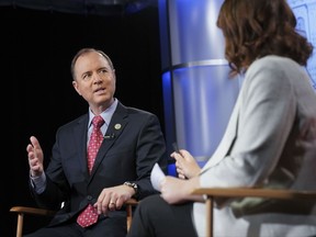 Rep. Adam Schiff, D-Calf., left, answers questions during an interview with Julie Pace, right, AP chief of bureau in Washington, Tuesday, Nov. 7, 2017, at the Associated Press bureau in Washington. (AP Photo/Pablo Martinez Monsivais )