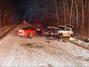 The aftermath of a collision between a car and an RCMP vehicle is shown in Devon, Alta., Thursday, Nov.23, 2017 in an RCMP handout photo. An on-duty Devon RCMP member received life-saving treatment after he was struck and injured following a collision. THE CANADIAN PRESS/HO-RCMP MANDATORY CREDIT