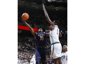 Notre Dame's TJ Gibbs (10) shoots against Michigan State's Jaren Jackson Jr. during the first half of an NCAA college basketball game, Thursday, Nov. 30, 2017, in East Lansing, Mich. (AP Photo/Al Goldis)