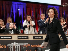 UNESCO'S new elected director-general France's Audrey Azoulay arrives to address the 39th session of the General Conference at the United Nations Educational, Scientific and Cultural Organisation, UNESCO headquarters in Paris, Friday, Nov. 10, 2017. UNESCO's member states have voted to confirm the nomination of former French Culture Minister Audrey Azoulay as the body's new leader. (AP Photo/Christophe Ena)