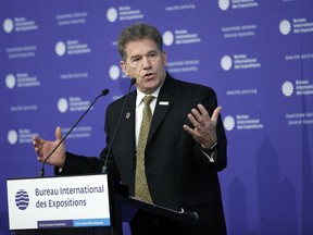 Former secretary of State of Minnesota and President and CEO-USA Expo Mark Ritchie delivers a speech at the 162nd General Assembly of BIE, in Paris, Wednesday, Nov. 15, 2017. The Bureau International des Expositions (BIE) is the intergovernmental organisation in charge of overseeing and regulating World Expos, since 1931. Argentina will host Specialised Expo 2022/23. (AP Photo/Christophe Ena)