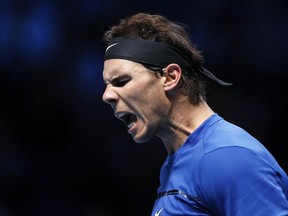 Rafael Nadal of Spain shouts during his singles tennis match against David Goffin of Belgium at the ATP World Finals at the O2 Arena in London, Monday, Nov. 13, 2017. (AP Photo/Kirsty Wigglesworth)