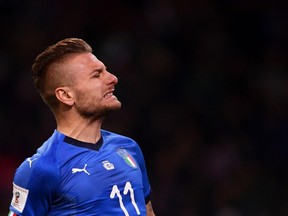 Italian striker Ciro Immobile cringes during his team's World Cup qualifying match against Sweden on Nov. 13.