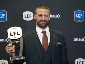 Edmonton Eskimos quarterback Mike Reilly, recipient of the Most Outstanding Player award, poses backstage at the CFL awards in Ottawa on Thursday, Nov. 23, 2017.