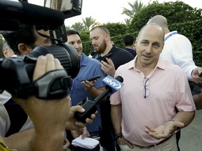 New York Yankees general manager Brian Cashman, right, talks with members of the media at the annual baseball general managers' meetings, Monday, Nov. 13, 2017, in Orlando, Fla. (AP Photo/John Raoux)