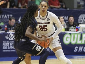 South Carolina's Alexis Jennings (35) moves the ball on Notre Dame's Lili Thompson (1) during the first quarter of an NCAA college basketball game at the Gulf Coast Showcase basketball tournament championship finals, Sunday, Nov. 26, 2017, in Estero, Fla. (AP Photo/Luis M. Alvarez)