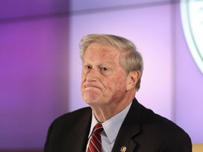 FSU President John Thrasher gestures after announcing the suspension of all Greek life activities at the university following the death at a Pi Kappa Phi fraternity pledge, during a news conference at the university in Tallahassee, Fla., Monday, Nov. 6, 2017. Andrew Coffey, a pledge at Pi Kappa Phi, died Friday after he was found unresponsive following a party. (Joe Rondone/Tallahassee Democrat via AP)