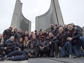 Members of Canada's World Cup Bobsled and Skeleton teams pose during an event in Toronto on Wednesday Nov. 1, 2017. THE CANADIAN PRESS/Frank Gunn