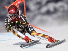 Ester Ledecka of the Czech Republic skis down the course during a training run for the women's World Cup downhill ski race in Lake Louise, Alta., on Thursday, Nov. 30, 2017. THE CANADIAN PRESS/Frank Gunn