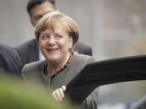 German Chancellor Angela Merkel arrives for the final day of the talks between her Christian Democrats, the Greens and the Free Democratic Party FDP on the fundamentals for forming a new government in Berlin Thursday, Nov. 16, 2017. (Kay Nietfeld/dpa via AP)