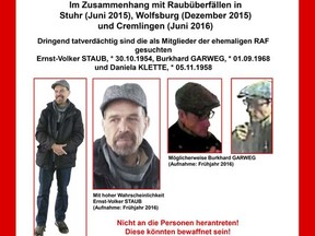 Photo released by Lower Saxony state's criminal police office on Monday, Nov. 13, 2017 shows a wanted poster for three former members of the disbanded leftist Red Army Faction militant group, who may be hiding outside the country. Investigators said they may still be in Germany, but could be hiding in another European country _ particularly the Netherlands, Italy, France or Spain. (Lower Saxony Police via AP)