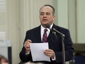 ADDS THAT HE WAS NOT AN ELECTED OFFICIAL AT THE TIME OF THE ALLEGATION - FILE - In this May 4, 2017, file photo, Assemblyman Raul Bocanegra, D-Los Angeles, speaks at the Capitol in Sacramento, Calif. Bocanegra said Monday, Nov. 20, 2017, he won't seek re-election following allegations he sexually harassed a colleague in 2009 when he was a staff member for another assemblyman. (AP Photo/Rich Pedroncelli, File)