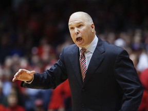 FILE - In This Nov. 19, 2016, file photo, St. Mary's coach Randy Bennett reacts to a referee's call during the second half an NCAA college basketball game against Dayton in Dayton, Ohio. Freshly ousted with an early exit in the West Coast Conference tournament, Saint Mary's made the quiet flight home and returned to campus. Coach Randy Bennett sent home the seniors and called a team meeting for the underclassmen that began about 10 p.m. He did the talking, for about an hour: The Gaels hadn't been close to good enough and this would be a painful lesson. (AP Photo/John Minchillo, File)