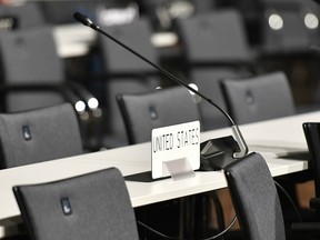 The empty seat of the United States is pictured prior the opening of the COP 23 Fiji UN Climate Change Conference in Bonn, Germany, Monday, Nov. 6, 2017.