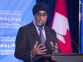 Canadian Defence Minister Harjit Sajjan fields questions at a news conference at the Halifax International Security Forum in Halifax on Friday, Nov. 17, 2017. THE CANADIAN PRESS/Andrew Vaughan