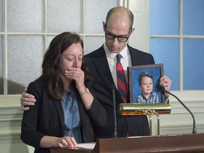Carly Sutherland and her husband John Sutherland address a news conference at the legislature in Halifax on Thursday, Nov. 30, 2017. The Sutherland's nine-year-old son Callum is severely impacted by autism and they are having a hard time having his needs met with no outpatient care available. THE CANADIAN PRESS/Andrew Vaughan