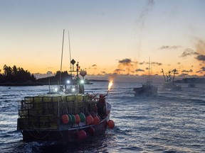 A fisherman sets off fireworks as boats head from West Dover, N.S. on Tuesday, Nov. 28, 2017. The opening day of the season in lobster fishing areas 33 and 34, the largest lobster fishery in Canada, is called dumping day as traps are set off the Nova Scotia's southwest coast. The Canadian Press/Andrew Vaughan