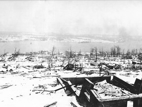 A view across the devastated neighbourhood of Richmond in Halifax, Nova Scotia after the Halifax Explosion, looking toward the Dartmouth side of the harbour.