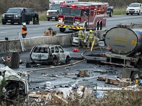 A fatal vehicle pileup north of Toronto that closed a stretch of highway in both directions south of Barrie, Ont. is shown on Wednesday, November 1, 2017.