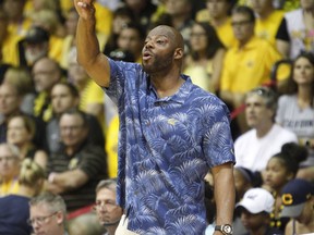 California head coach Wyking Jones gives orders to his team as they take on Wichita State during the first half of an NCAA college basketball game, Monday, Nov. 20, 2017, in Lahaina, Hawaii. (AP Photo/Marco Garcia)
