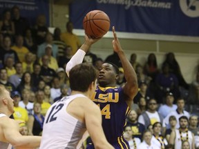 LSU guard Randy Onwuasor (14) takes a shot over Marquette during the first half of an NCAA college basketball game, Wednesday, Nov. 22, 2017, in Lahaina, Hawaii. (AP Photo/Marco Garcia)